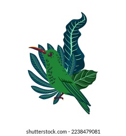 vector drawing green tropical leaves and hummingbird isolated at white background , hand drawn illustration