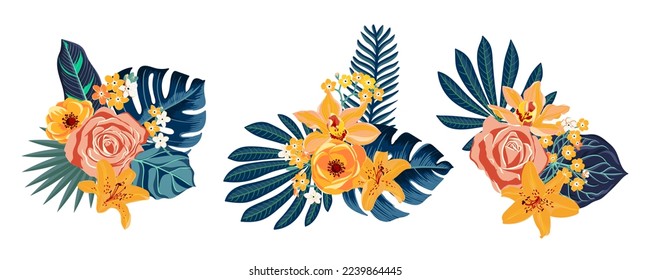 vector drawing green tropical leaves and flowers, floral composition, exotic design elements isolated at white background , hand drawn illustration