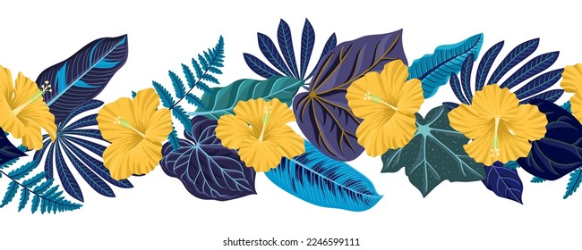 vector drawing green tropical leaves and orange hibiscus flowers, floral seamless border, exotic natural pattern at white background , hand drawn illustration