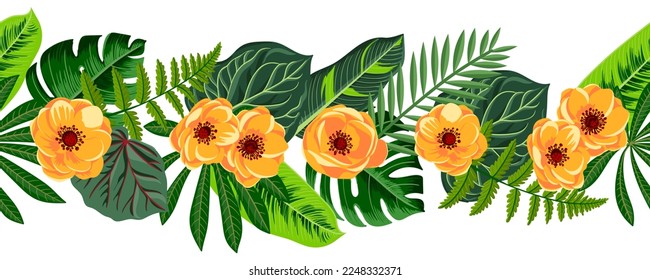 vector drawing green tropical leaves and orange anemone flowers, floral seamless border, exotic natural pattern at white background , hand drawn illustration