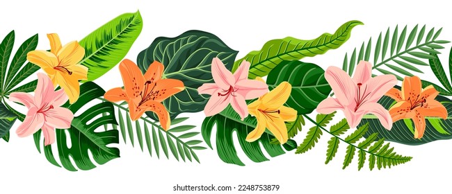 vector drawing green tropical leaves and lily flowers, floral seamless border, exotic natural pattern at white background , hand drawn illustration