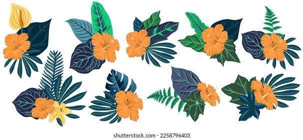 vector drawing green tropical leaves and orange hibiscus flowers, floral composition, exotic design elements isolated at white background , hand drawn illustration