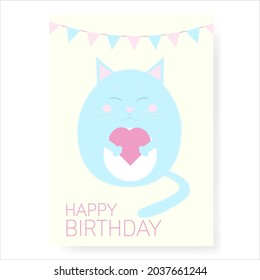 Vector drawing of a greeting card with a cat for birthday