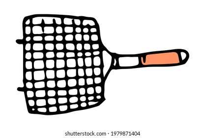 Vector drawing of a grill grill, with a brown wooden handle hand-drawn top view in a doodle style with a black line on a white background. isolated element for label and logo design template