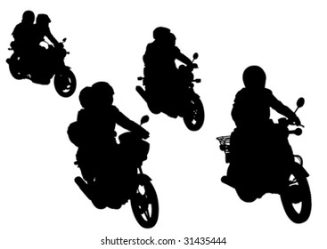 Vector Drawing Group Motorcycle On The Road. Silhouettes On A White Background