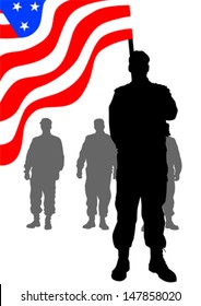 Vector Drawing Of A Group Of Soldiers Under American Flag. Property Release Is Attached To The File