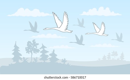 Vector drawing of a group of swans flying over the field among the clouds against the blue sky. Eps-8.