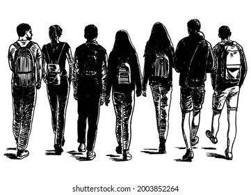 Vector drawing of group teen students walking together outdoors