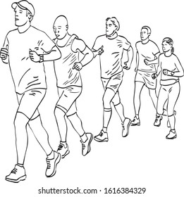 Vector drawing of group townspeople jogging