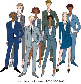 Vector drawing of group young business people in classic suits