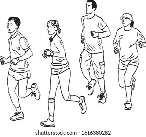 Vector drawing of group young people jogging
