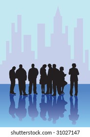 vector drawing groups of bystanders on the street against the backdrop of the city