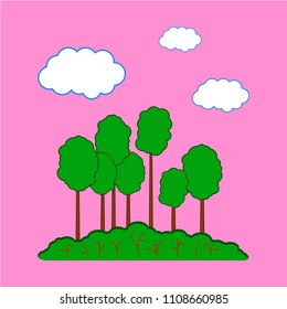 Vector drawing grove of trees with clouds, colorful flat style