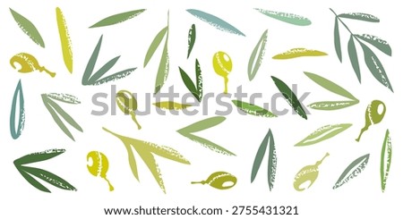 Vector drawing of grunge olives and leaves, isolated on a white background
