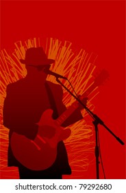 Vector drawing guitar. Silhouette on red background