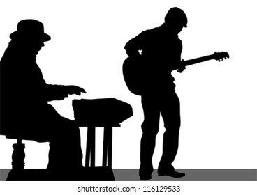 Vector drawing of a guitarist and a pianist on stage