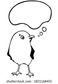 Vector drawing of a gull bird thinking of something. Black outline illustration with blank speech bubble