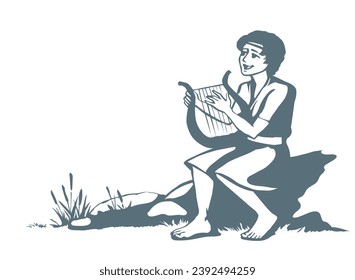 Vector drawing. Guy playing the harp