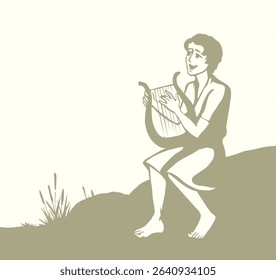 Vector drawing. Guy playing the harp