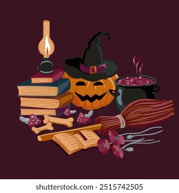 vector drawing halloween composition, jack-o-lantern and witch accessories, cauldron with potion,books and broom, hand drawn illustration