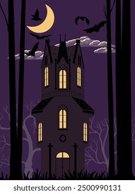 vector drawing halloween night house in spooky forest with moon and bats, horror mansion, hand drawn illustration