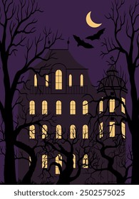 vector drawing halloween night house in spooky forest with moon and bats, horror mansion, hand drawn illustration