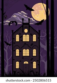 vector drawing halloween night house in spooky forest with moon and bats, horror mansion, hand drawn illustration