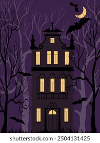 vector drawing halloween night house in spooky forest with moon and bats, horror mansion, hand drawn illustration