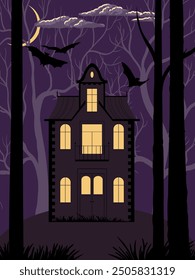 vector drawing halloween night house in spooky forest with moon and bats, horror mansion, hand drawn illustration