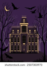 vector drawing halloween night house in spooky forest with moon and bats, horror mansion, hand drawn illustration