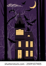 desenho vetorial casa noturna de Halloween em floresta assustadora com lua e morcegos, mansão de horror, ilustração desenhada à mão