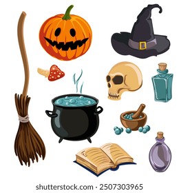 vector drawing halloween set, jack-o-lantern, scull, witch accessories, cauldron with potion, black hat and broom, hand drawn illustration