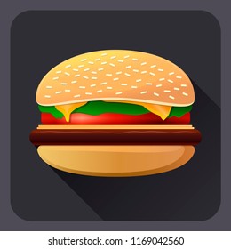 Vector drawing of hamburger with cheese, tomatoes, chop, lettuce, onion, cucumber in flat cartoon style. Illustration for design fast food menu. Hamburger isolated icons.