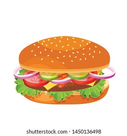 Vector drawing of hamburger with cheese, tomatoes, lettuce, onion, catsup, bun, cucumber in cartoon style. Illustration for design fast food menu. Hamburger isolated icons. Vector illustration.