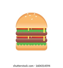 Vector drawing of hamburger with cheese, tomatoes, chop, lettuce, onion, cucumber in flat cartoon style. Illustration for design fast food menu. Hamburger isolated icons.