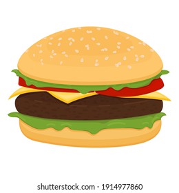 Vector drawing of hamburger with cheese, tomatoes, chop, lettuce, onion, cucumber in flat cartoon style. Illustration for design fast food menu. Hamburger isolated icons. 