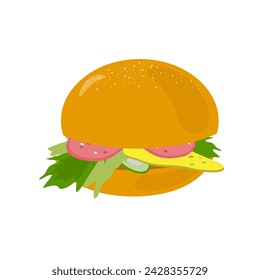 Vector dibujo de una hamburguesa con queso, tomates, lechuga, cebolla, pepino