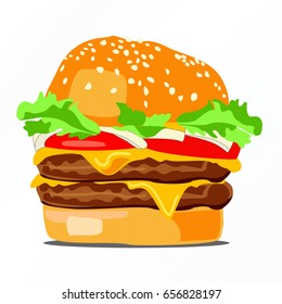 Vector drawing of hamburger with cheese, tomatoes, chop, lettuce, onion in flat cartoon style. Illustration for design fast food menu. Hamburger isolated icons. Hamburger illustration.