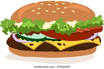 Vector drawing of hamburger with cheese, tomatoes, chop, lettuce, onion, cucumber.