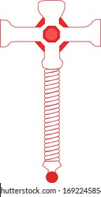 dibujo vectorial del martillo de Dios Thor en rojo sobre un fondo blanco; martillo antiguo con mango trenzado
