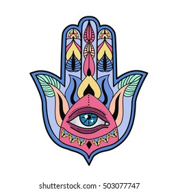 Vector drawing of a hamsa hand with an all seeing eye. Hand of Fatima. Vintage bohemian style. Islamic, jewish religious symbol. Lucky charm, talisman. Vector illustration.