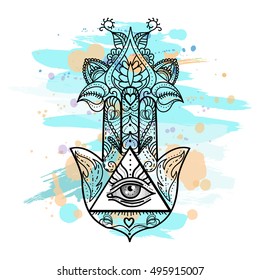 Vector drawing of a hamsa hand with floral ornaments and an all seeing eye on brush stroke pattern. Hand of Fatima. Mystic, psychedelic concept. Vector illustration for a poster, flyer, t-shirt print.