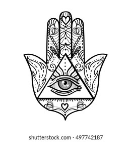 Vector drawing of a hamsa hand talisman with an all seeing eye. Spiritual, religious symbol isolated on white background.  Psyhedelic, boho chic illustration. Adult coloring book illustration.