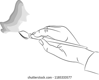 vector drawing of a hand with a brush, drawing watercolor paint. All in black and white
