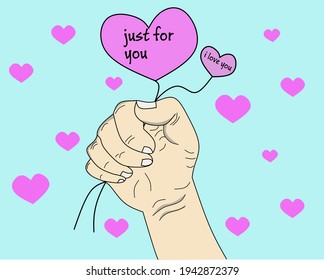 vector drawing of a hand carrying a heart shaped balloon with the words I love you
