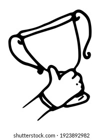 Vector drawing of a hand with a cup raised up drawn by hand. in Doodle style, black outline on a white background isolated symbol of victory for a template design