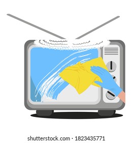 El dibujo vectorial de una mano en un guante con una servilleta lava la pantalla sucia del televisor. Superficies de lavado, vidrios, ventanas. Limpie el polvo con servilleta amarilla, microfibra, guantes de estilo plano. Desinfección, limpieza