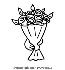 Vektorgrafik einer Hand, die einen Rosenstrauß aushält. Druck, Aufkleber, Logo, Symbol, Skizze, Doodle. einzeln auf weißem Hintergrund. Kinderzeichnung. Romantik für den Valentinstag