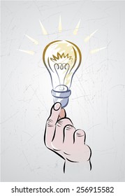 Vector drawing of hand of the human which holds an light bulb.