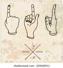 vector drawing hand with the index finger indicates the direction on textured background